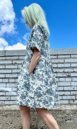 Citril Finch Dress - Navy Village Toile